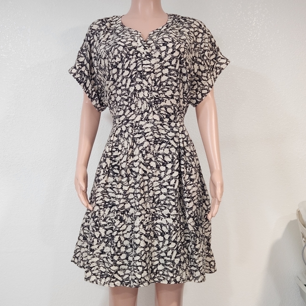 SIMPLY Vera Wang Split V Neck Popover Midi Dress Black Gray Print Size-XL